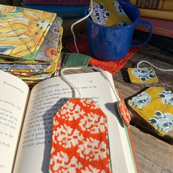 Teabag Quilted Bookmark + Set of 4 Quilted Random Boho Print Coaster Mug Rugs - Picture 6 of 10